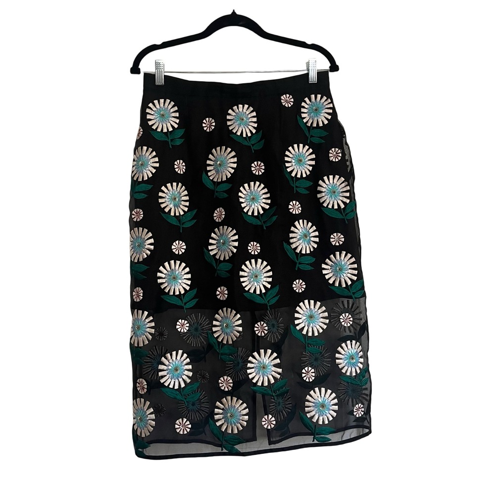 Markus Lupfer Midi Skirt Womens L Black Floral Sequin Embroidered Excellent